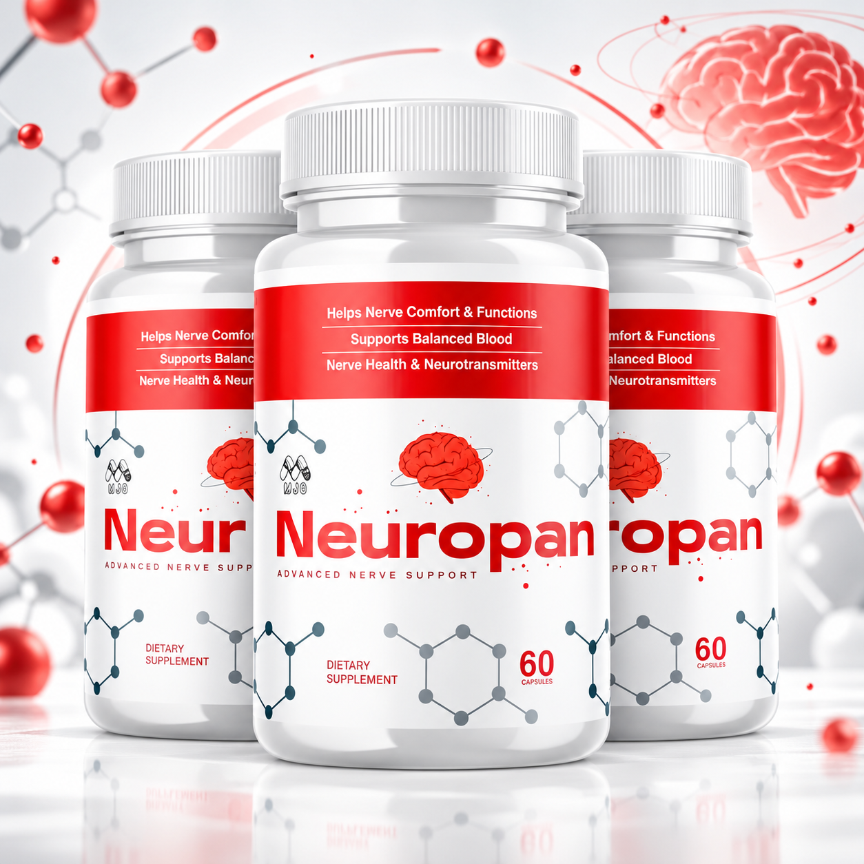 Neuropan Advanced Nerve Support bottles with molecular graphic